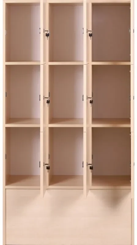 Drevená šatníková skrinka s odkladacími boxami, 9 boxov, 1700 x 900 x 420 mm, cylindrický zámok, čerešňa