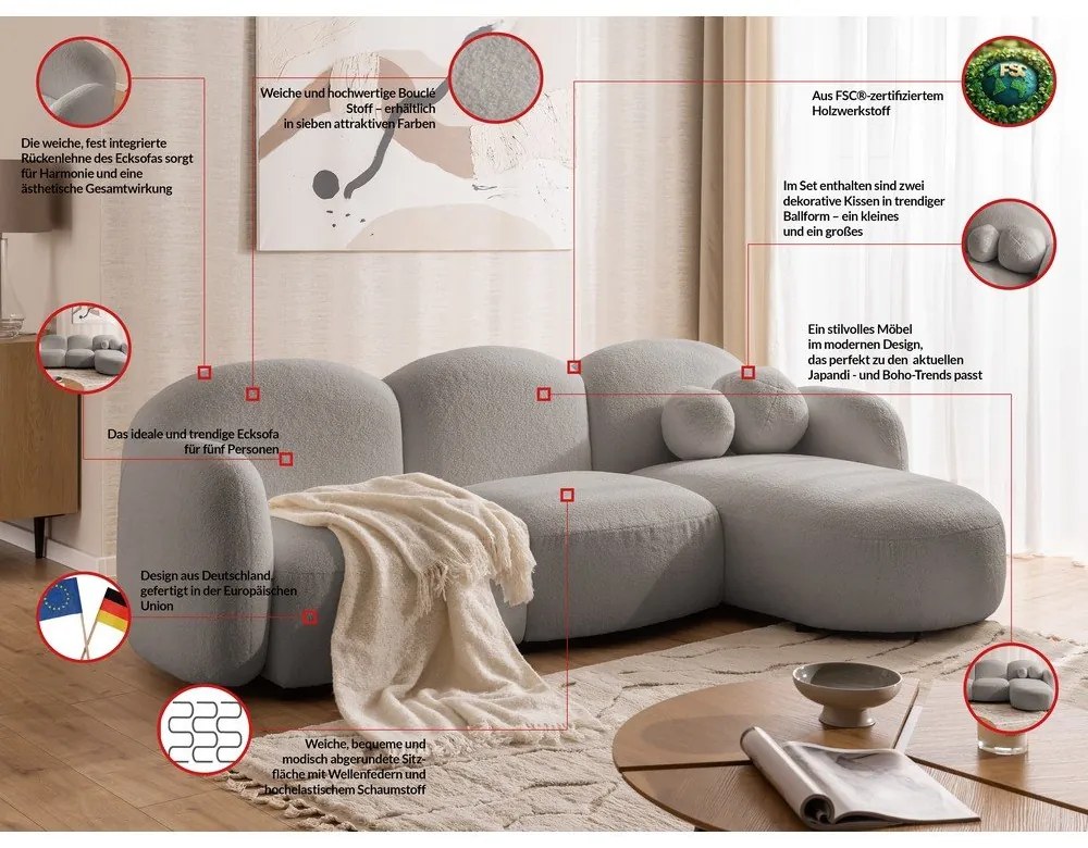 Sivá rohová pohovka z textílie buklé (pravý roh/s leňoškou) Orbit – Ropez