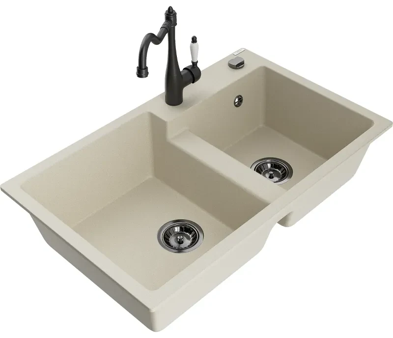 Mexen Tomas, granitový drez 800x500x190 mm, 2-komorový a drezová batéria Carla, béžová, 6516-69-670700-70