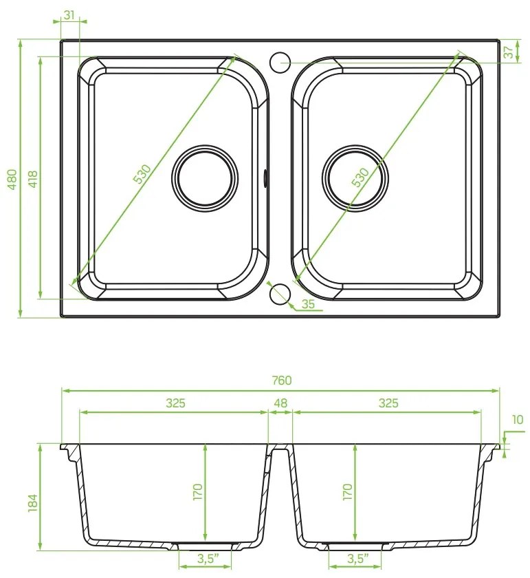 Laveo Celia, 2-komorový granitový drez 760x480x184 mm, béžová, LAV-SBC_420T