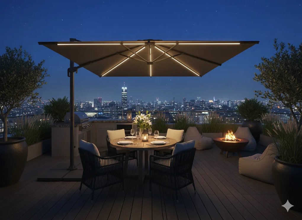 Garden Line 3 x 3 m sivý záhradný slnečník „ROMA“ s LED krytom