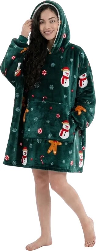 Baránková mikinová deka s rukávmi a kapucňou SNOWMAN AND GINGERBREAD, zelená