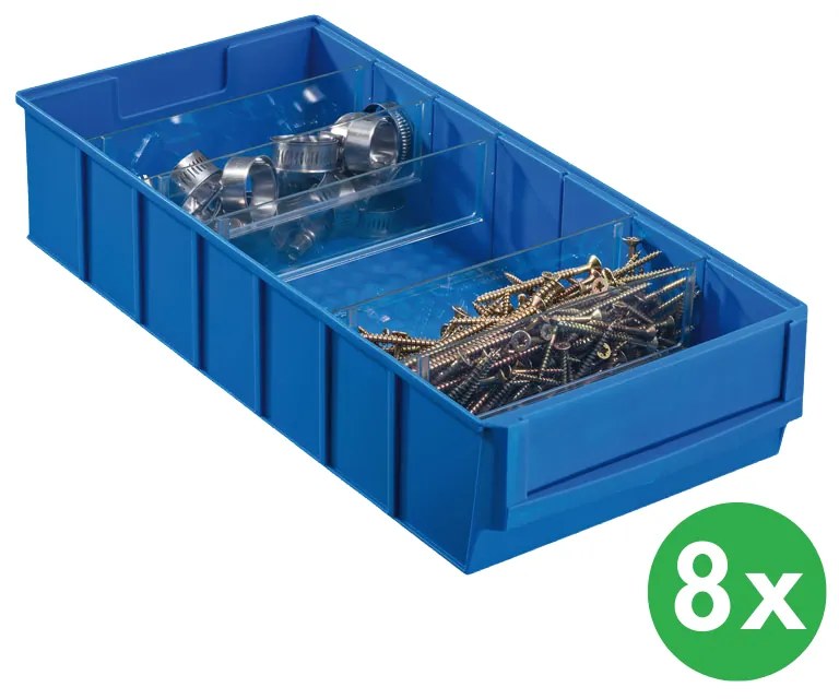 Plastový regálový box ShelfBox typ E - 183 x 400 x 81 mm, 8 ks, modrý