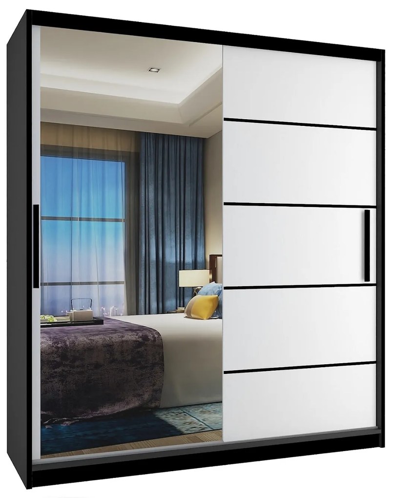 Šatníková skriňa 133 cm Belini čierny mat / biely mat s posuvnými dverami a zrkadlom MZ SZP2/2/B/W/0/BL