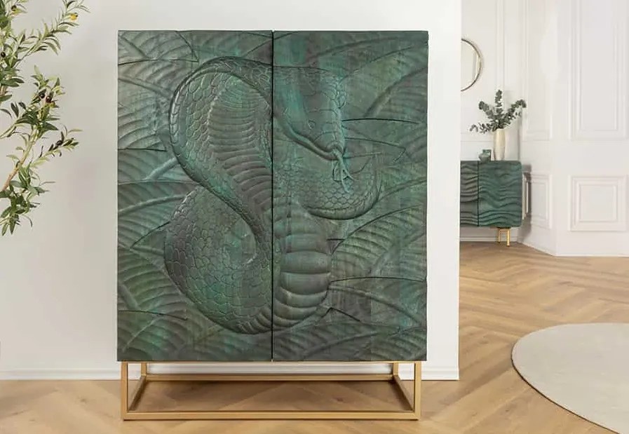 Luxusná skrinka s hadím vzorom z mangového masívu Snake tyrkysová 100cm