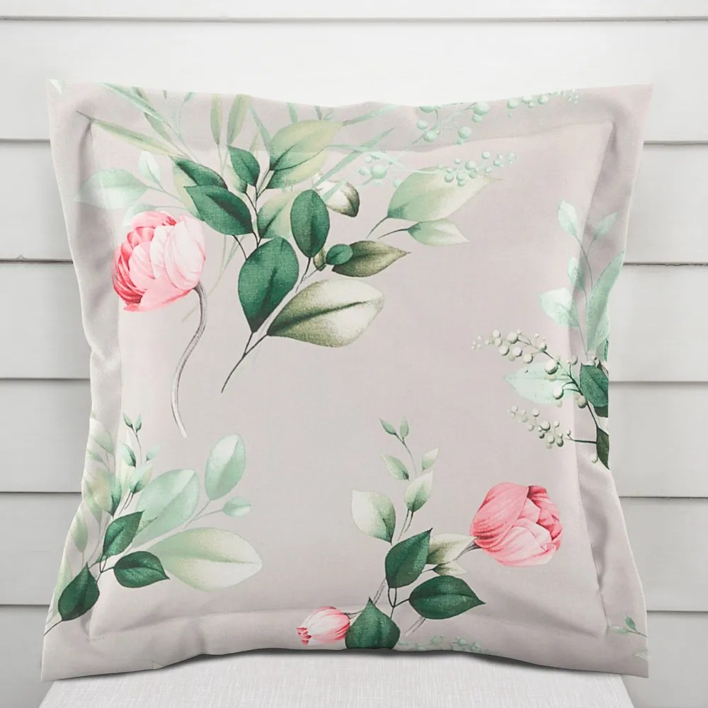 Biante Bavlnená obliečka na vankúš s lemom Sandra SA-452 Ružové kvety na sivom 60 x 60 cm
