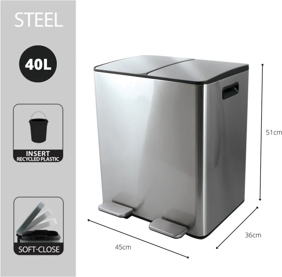 Oceľový odpadkový kôš 2x20 l na triedený odpad/nášľapný v matne striebornej farbe Aliya – Spirella