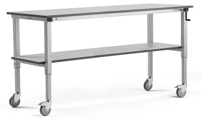 Nastaviteľný dielenský stôl MOTION s kolieskami, s policou, 2000x600 mm