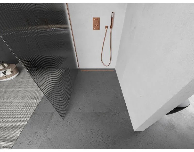 Mexen Kioto, sprchová zástena Walk-In 140 x 200 cm, 8mm sklo s rebrovým vzorom, medený matný profil, 800-140-101-65-09