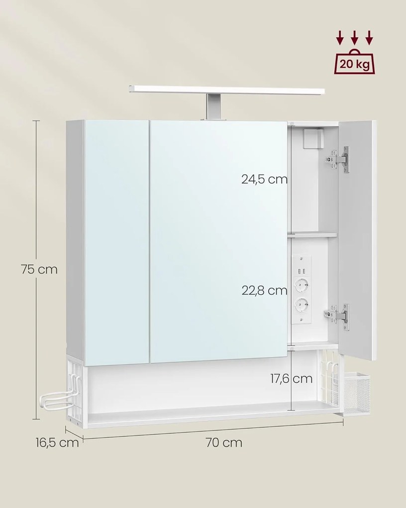 VASAGLE kúpeľňová skrinka s LED osvetlením a zásuvkami, 16,5 × 70 × 75 cm, v oblakovo bielej farbe
