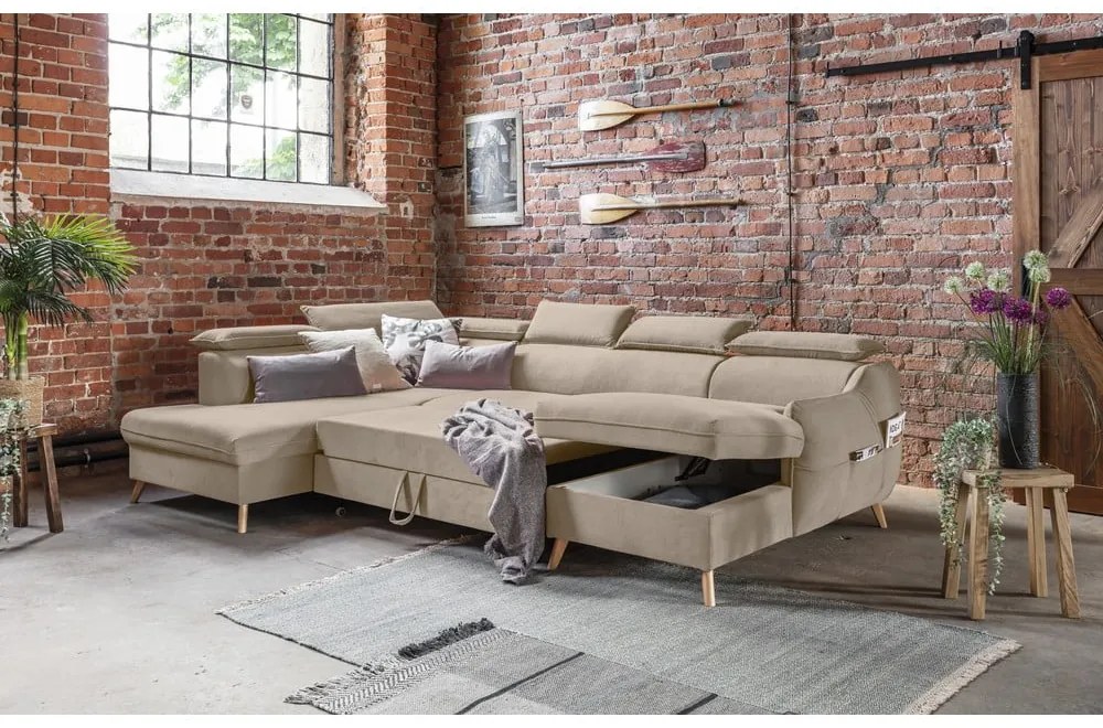 Béžová zamatová rozkladacia rohová pohovka do "U" (ľavý roh) Sweet Harmony – Miuform