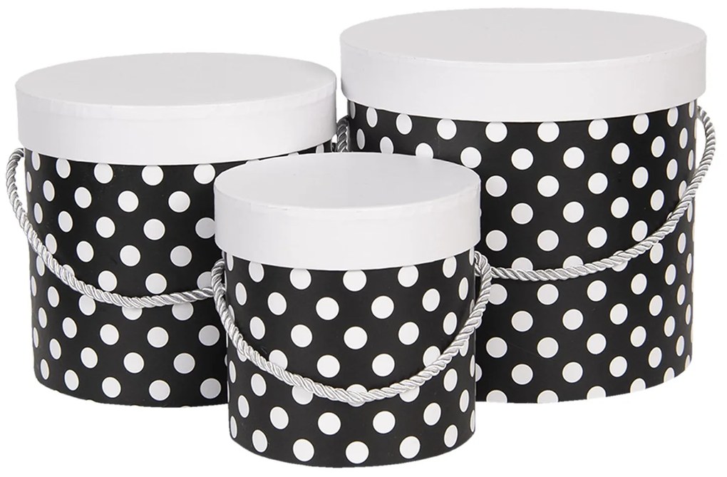 Sada 3ks čiernych papierových krabíc s bodkami - Ø 19 * 17 cm / Ø 16 * 15 cm / Ø 12 * 12 cm