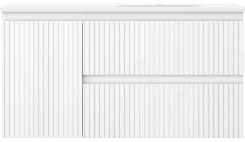 Mexen Rivel, kúpeľňová skrinka 90 cm s pravým umývadlom Vela, 2S, 1D, drážkovaná, biela matná, 91A23-09047-3-BBFFF01-W23P01