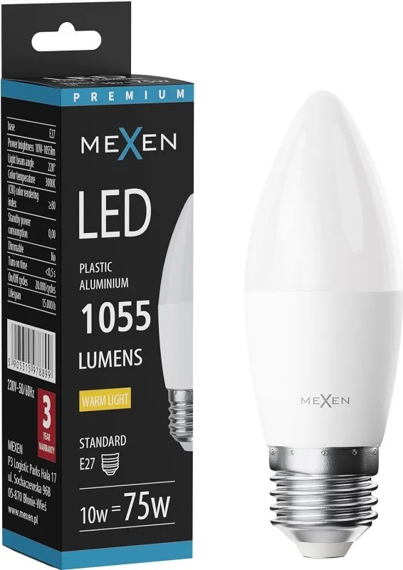 Mexen Nova, LED žiarovka E27, C37, 10W, Teplá - 3000K, 1055 lm - L102-E27-1030-01