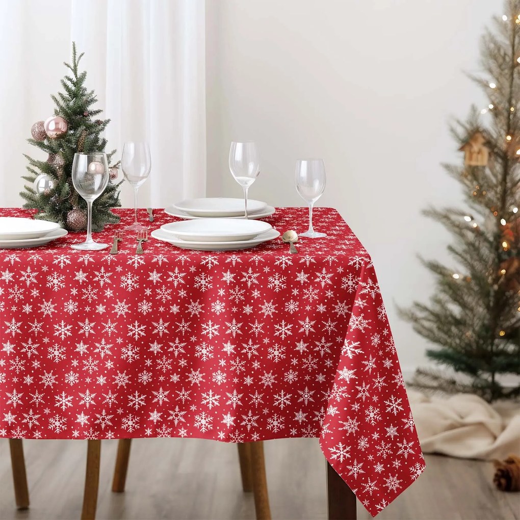 Goldea vianočný hranatý obrus valencia - biele vločky na červenej 120 x 140 cm