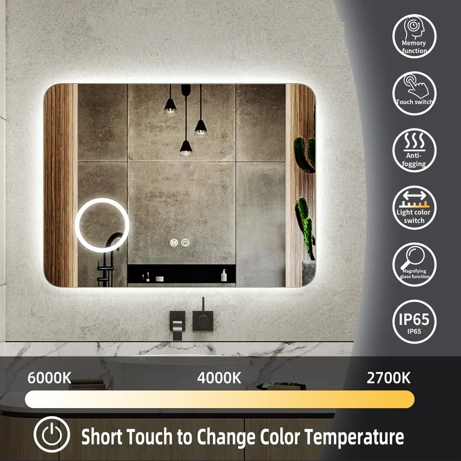 Erga Myra, LED zrkadlo 80x60 cm s kozmetickým zrkadlom 3x zväčšenie, 3146 lm, 3 farby svetla, zadné osvetlenie, ERG-V01-MYRA-8060-00