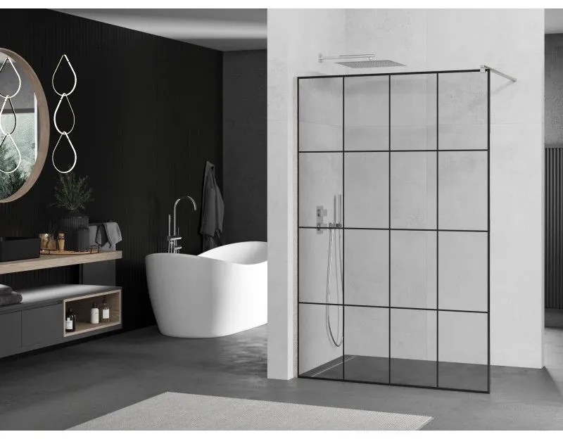 Mexen Kioto, sprchová zástena Walk-In 130 x 200 cm, 8mm číre sklo čierny vzor, brúsená oceľ profil, 800-130-101-97-77