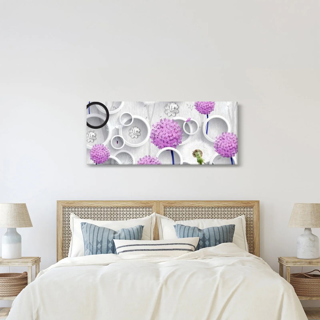 Obraz 3D abstrakcie s kruhmi a kvetinami (120x50 cm)