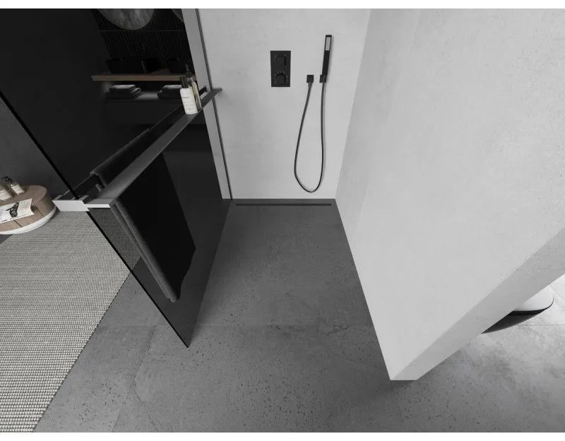 Mexen Kioto+, sprchová zástena Walk-In s poličkou a vešiakom 110 x 200 cm, 8mm šedé sklo, grafitový profil, 800-110-121-95-40