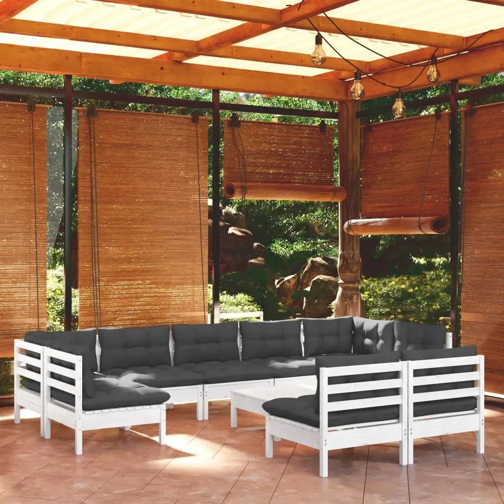 vidaXL 10-dielna záhradná súprava s vankúšmi biela borovicový masív