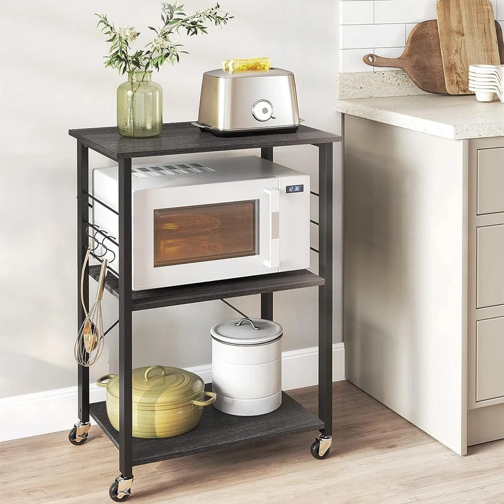 Kuchynský stojan na kolieskach, Servírovací vozík s 3 úrovňami, ebenový čierny