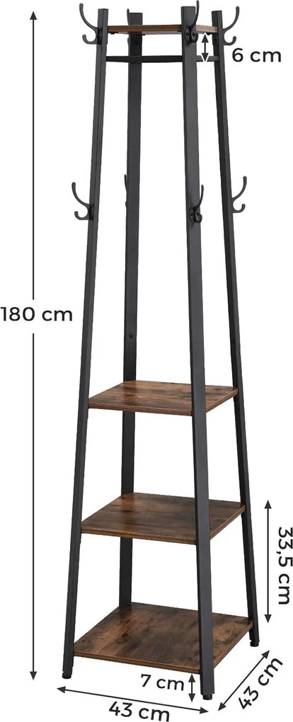 Stojanový vešiak s 3 policami a háčikmi, rustikálny hnedý