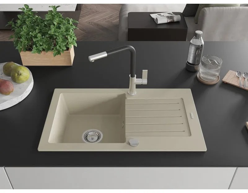 Mexen Pablo, 1-komorový granitový drez 752x436x161 mm a drezová batéria Flora, béžová, 6510-69-670401-07