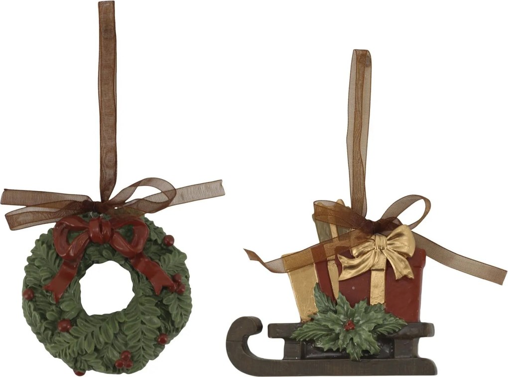 Sada 2ks závesných dekorácií Noël venček a sánky čerešňovej farby – 9*2*8,5 cm