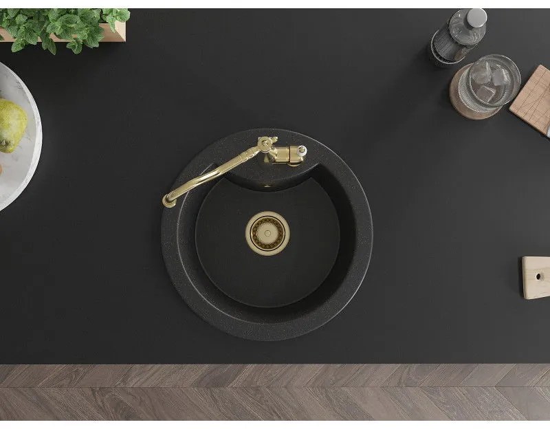 Mexen Diego, granitový drez 488x488x167 mm, 1-komorový a drezová batéria Carla, čierna-strieborná metalíza, 6512-73-670700-50