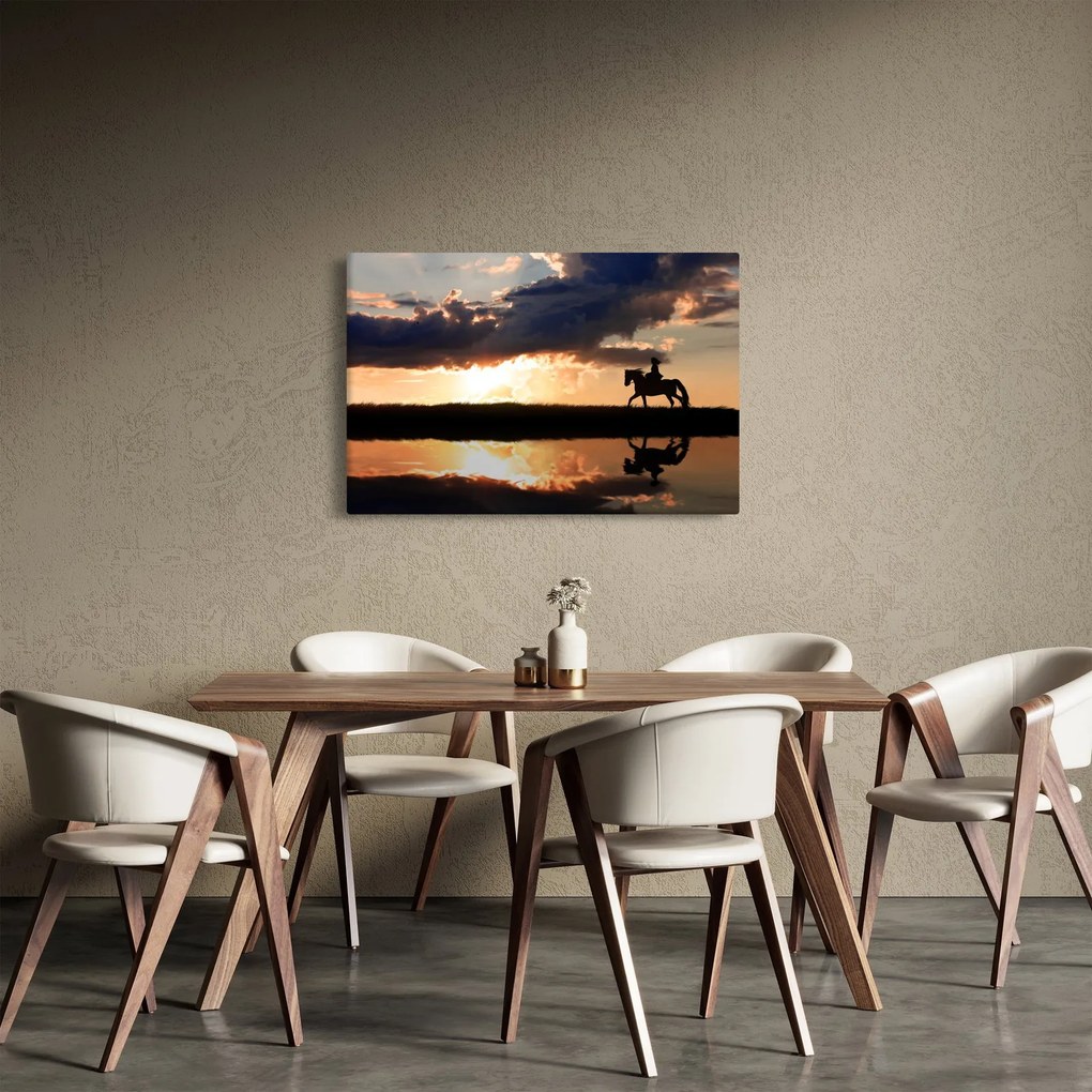 Obraz - Jazdec na koni pri západe slnka (90x60 cm)