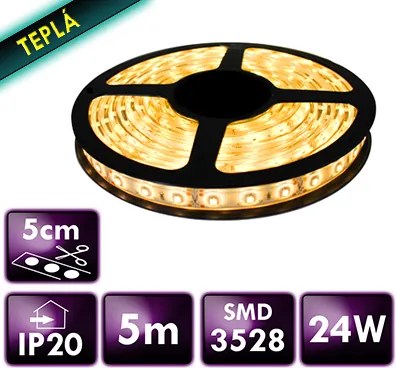 BERGE LED pásik - SMD 2835 - 5m 24W IP20 60LED/m 4,8W/m teplá biela s konektorom