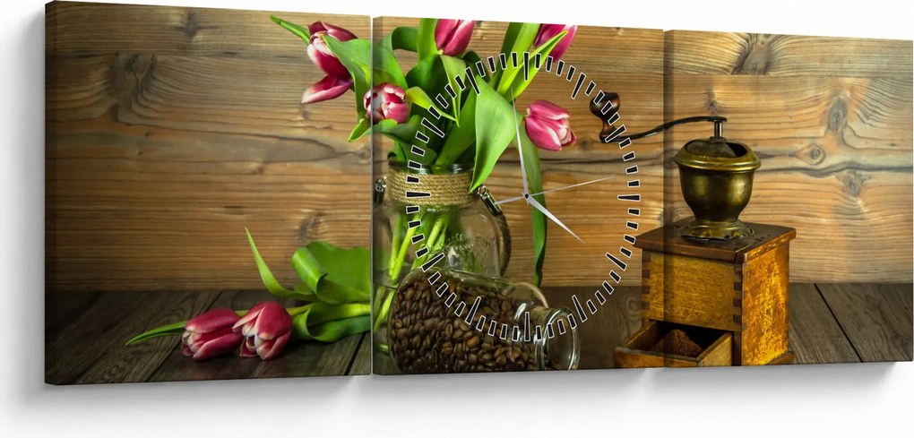 Obraz - tulipány, mlynček a káva (s hodinami) (90x30 cm)