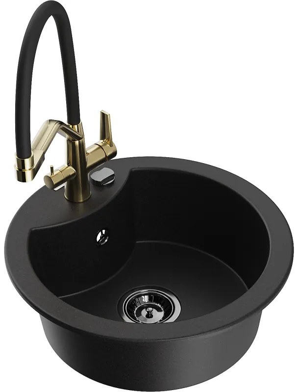 Mexen Diego, 1-komorový granitový drez 488x488x167 mm a drezová batéria Duo, čierna, 6512-77-671701-57-B