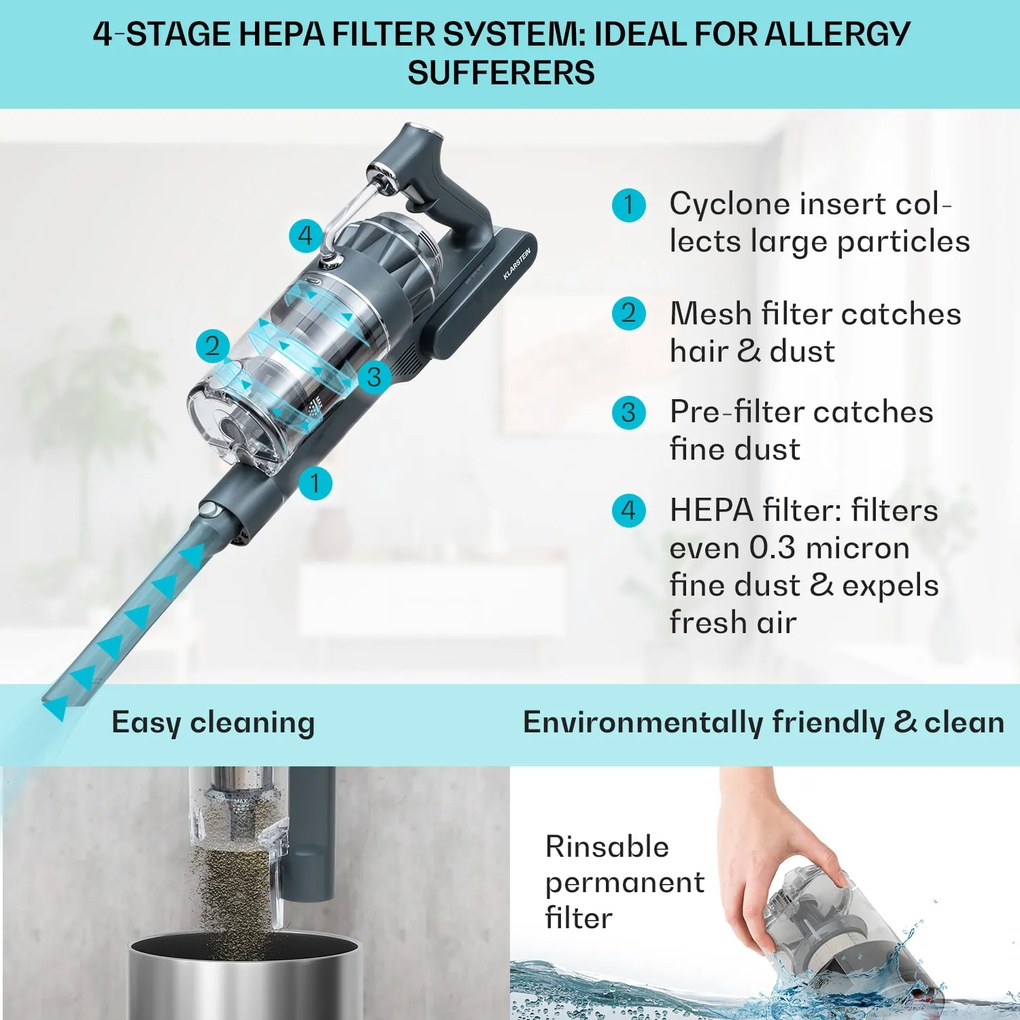 Klarstein LARMA, vysávač, akumulátorový, bezvreckový, maximálna doba prevádzky 45min, LED