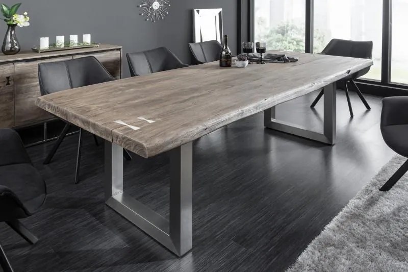IIG -  Masívny jedálenský stôl MAMMUT ARTWORK 200 cm šedá akácia, nohy z nerezovej ocele