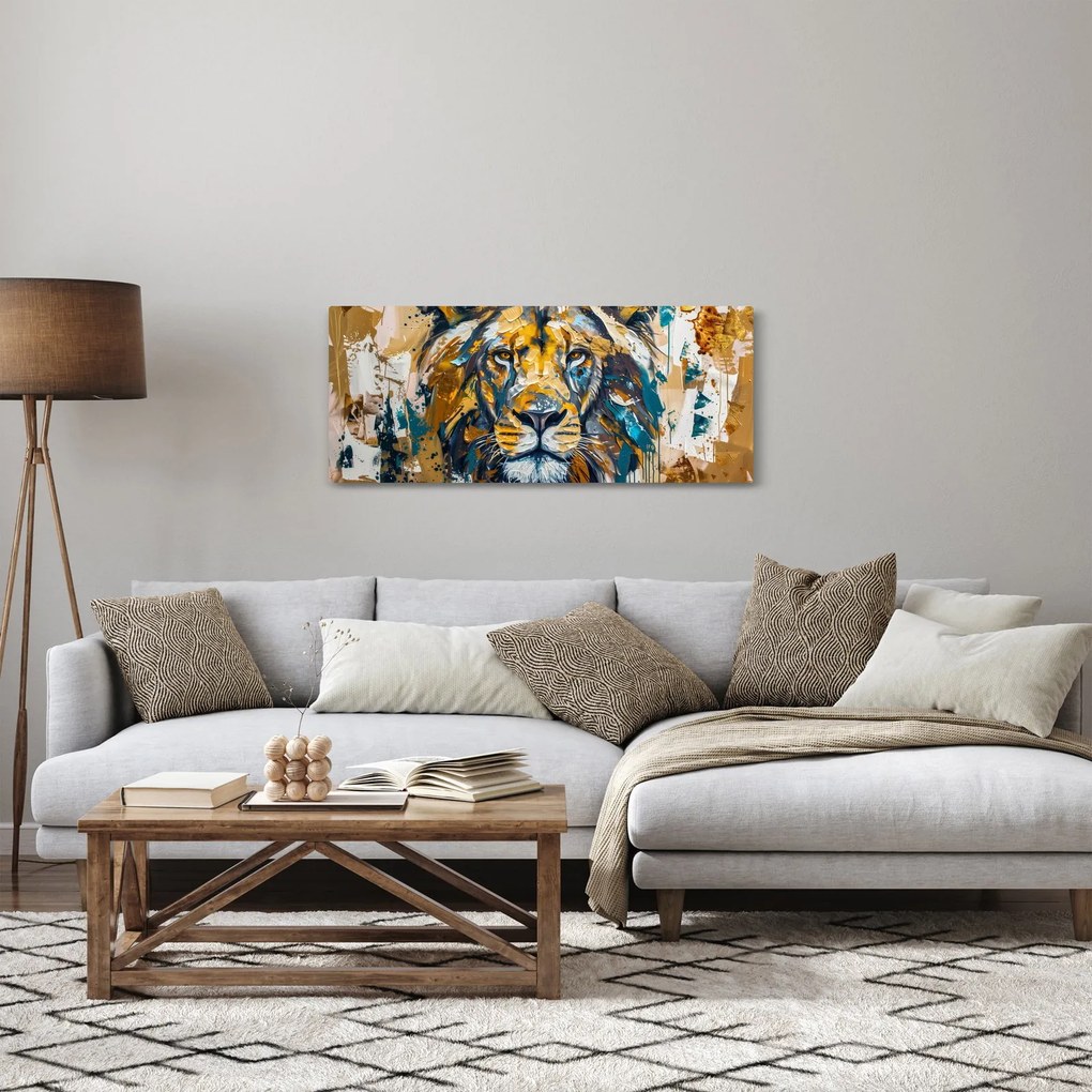 Obraz - Abstraktná olejomaľba s levom (120x50 cm)