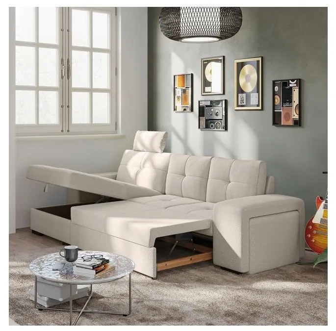 Rozkladacia sedačka s úložným priestorom a taburetom PALERMO, svetlosivá, ľavé prevedenie