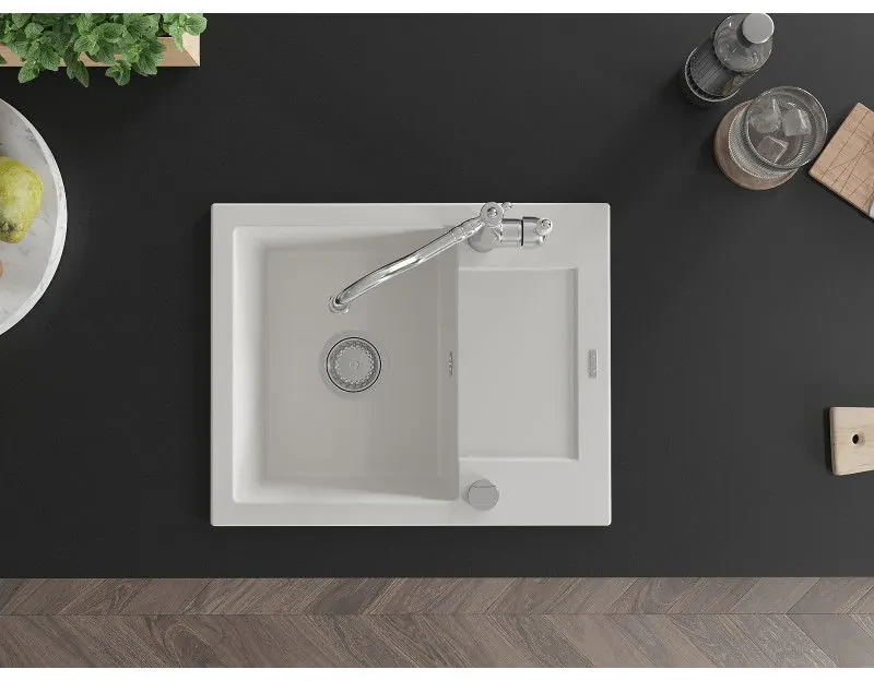 Mexen Enzo, granitový drez 576x465x174 mm, 1-komorový a drezová batéria Carla, biela, 6506-20-670700-00