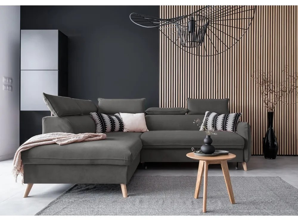 Tmavosivá zamatová rozkladacia rohová pohovka (ľavý roh) Sweet Harmony – Miuform