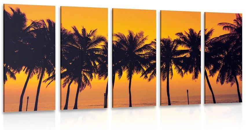 5-dielny obraz západ slnka nad palmami