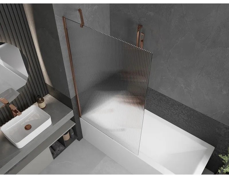 Mexen Next, vaňová zástena 1-krídlová 100 x 150 cm, fixné krídlo, 6 mm sklo s pruhmi, ružové zlato profil, 895-100-000-00-09-60