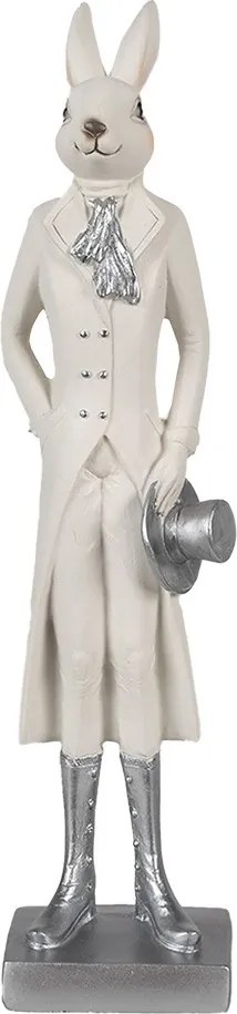 Biela dekorácia králik vo fraku a strieborných topánkach držiaci klobúk - 9*7*34 cm