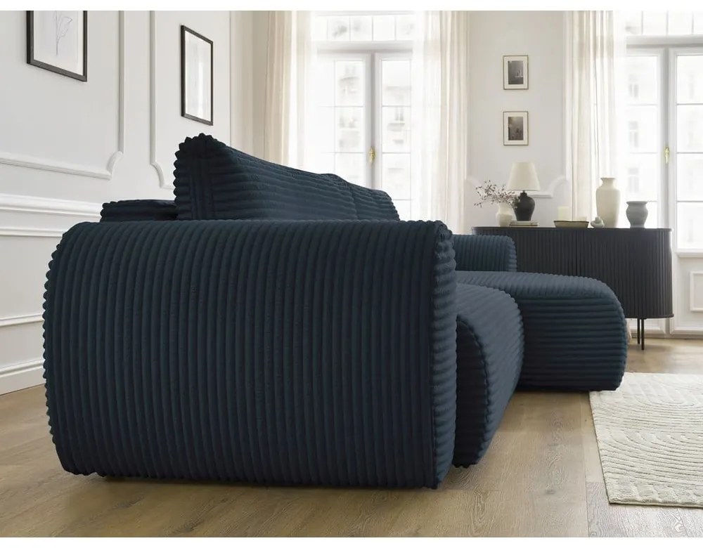 Tmavomodrá menčestrová rozkladacia rohová pohovka (pravý roh) Lucien – Bobochic Paris