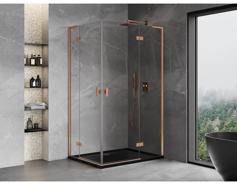 Mexen Mist-H L Duo, 2-krídlový sprchový kút 90 x 110 cm, číre sklo, medený matný profil, 8A5L-090L-110P-65-00