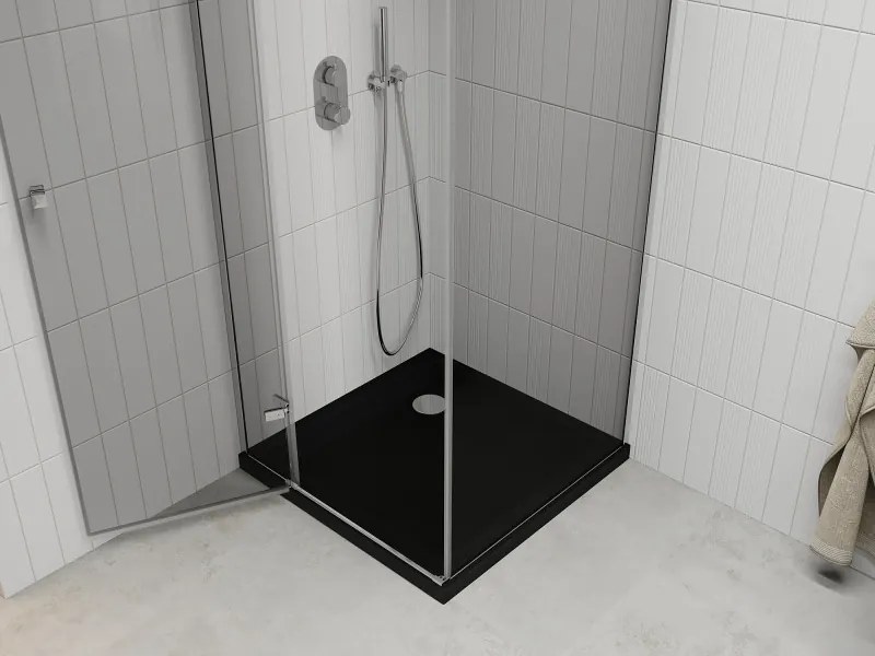 Mexen Roma, sprchový kút s krídlovými dverami 90 (dvere) x 90 (stena) cm, 6mm číre sklo, chrómový profil + slim sprchová vanička čierna + chrómový sifón, 854-090-090-01-00-4070
