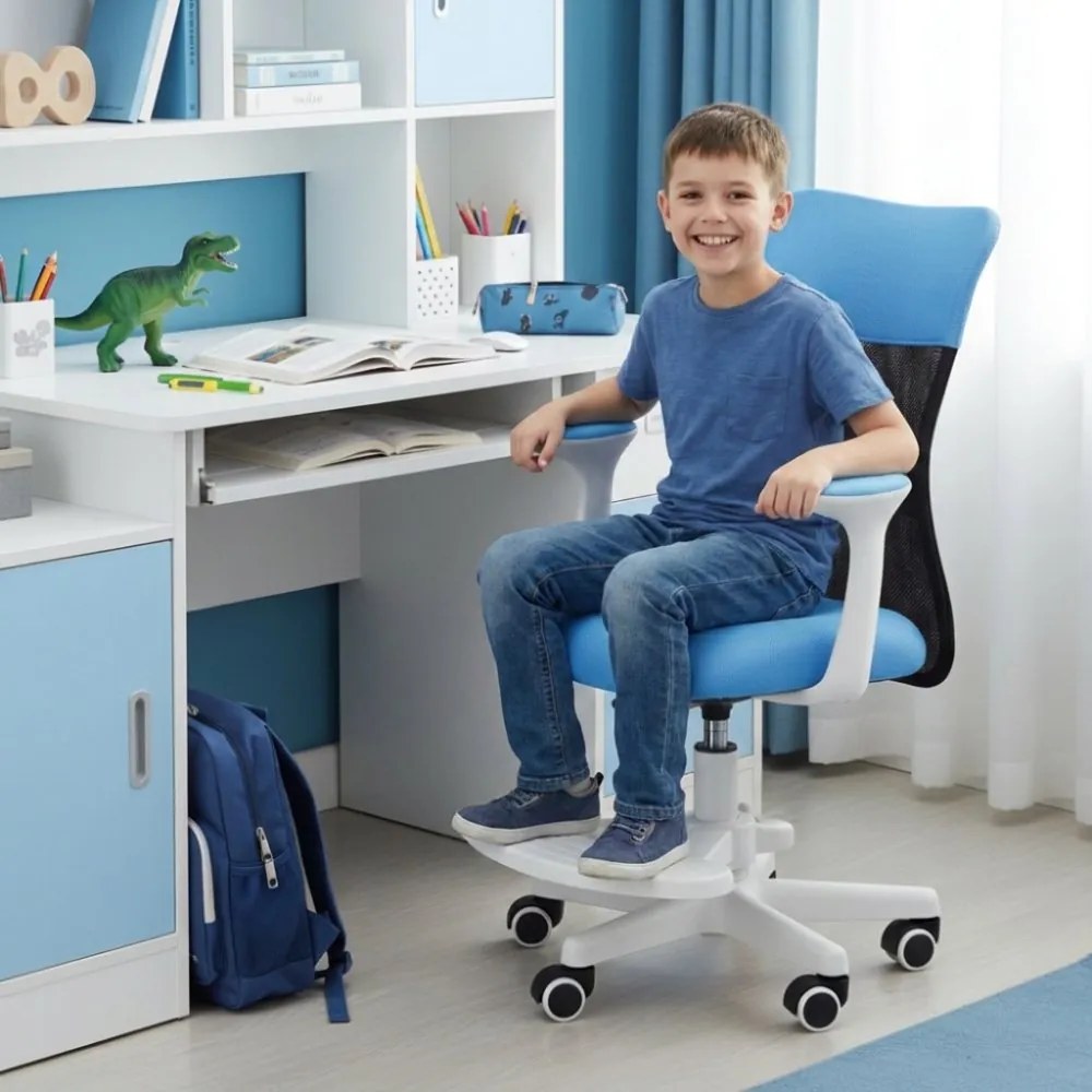 Detská stolička Neoseat MONKEY WHITE s podnožou — látka, biela / svetlo modrá