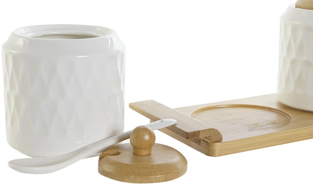 Sada 3x dóza na podnose "WHITE DROP", porcelán-bambus, 33x9x11,5 cm
