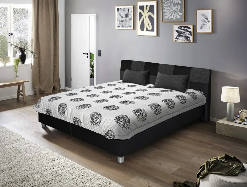 Posteľ Nice 180x200 cm, čierna ekokoža/šedá tkanina, s matracmi