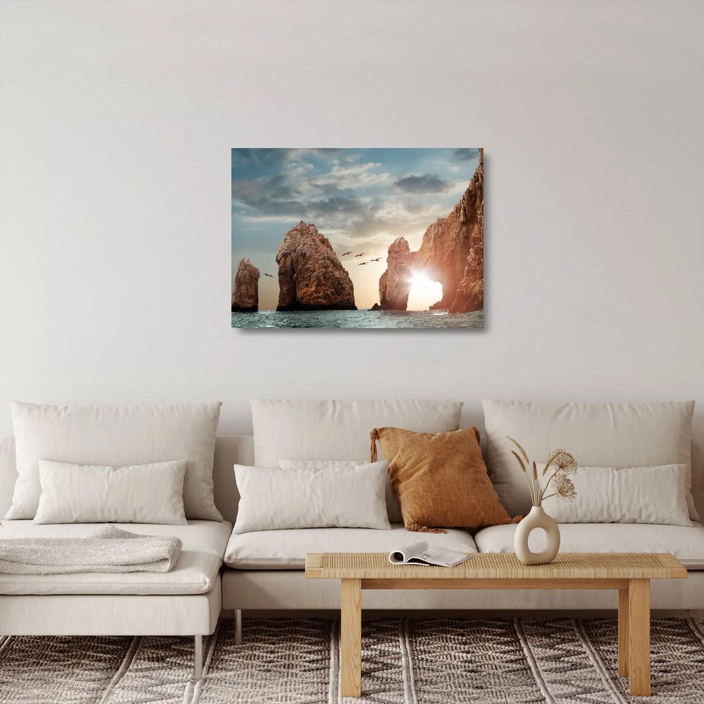 Sklenený obraz - Západ slnka nad útesmi (70x50 cm)