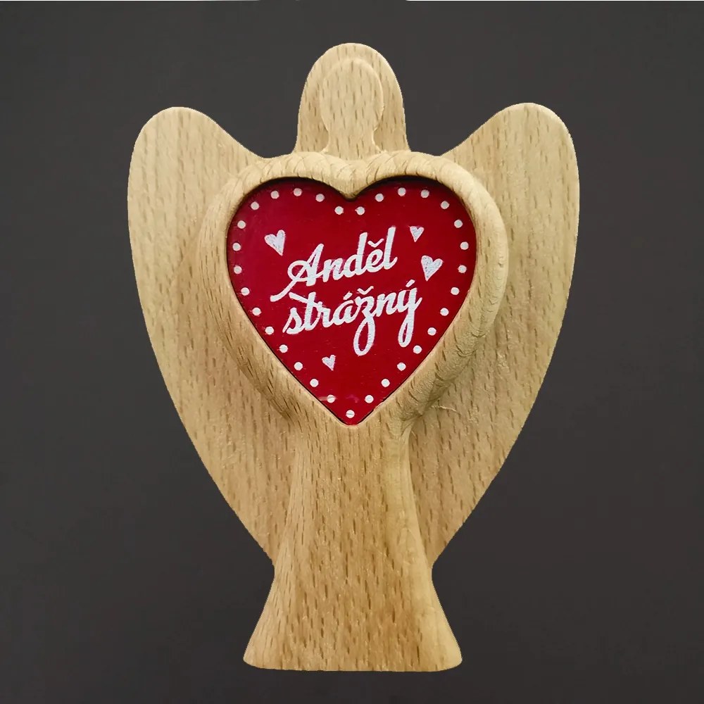 AMADEA Drevený anjel s vkladom - srdiečko s textom Anjel strážny, masívne drevo, výška 11 cm, český výrobok